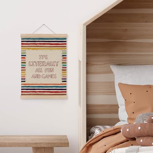 MAQIKA Funny Kids Playroom Poster Framed with Wood Hanger, Boy Girl Nursery Hanging Wall Decor, All Fun and Games Colorful Classroom Canvas Wall Art Paints for Kids Nursery Bedroom Playroom, 12x16 Inch