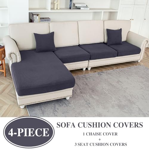 LA MEACK Couch Cushion Covers for Sectional Sofa L Shape Washable Separate Seat Chaise Couch Cover Stretch Sofa Slipcovers with 2 Pcs Pillowcases(3 Seater + 1 Chaise, Dark Grey)