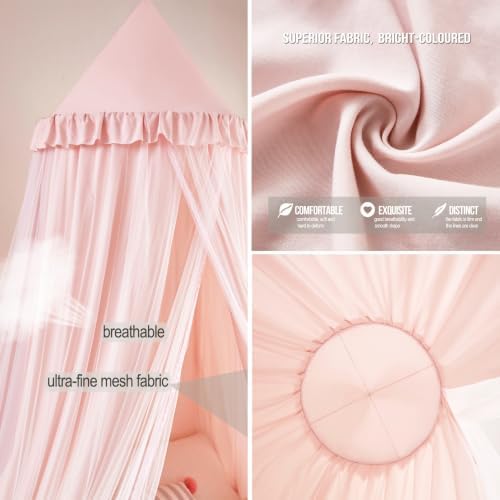 Kertnic Princess Bed Canopy for Girls, Double Layer Round Bed Mosquito Net, 31.5" Large Dome Indoor Castle Bed Tent, Sleeping & Reading Nook Curtain for Boys Girls (Beige Pink)