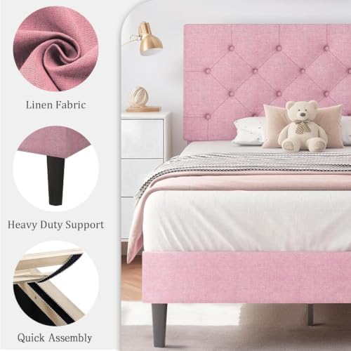 HOMBCK Twin Bed Frame for Kids, Upholstered Platform Bed Frame, Pink