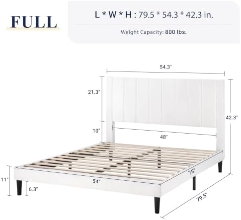 Allewie Full Bed Frame/Velvet Upholstered Bed Frame with Vertical Channel Tufted Headboard/Strong Wooden Slats/Platform Bed Frame/Mattress Foundation/Box Spring Optional/Easy Assembly/White