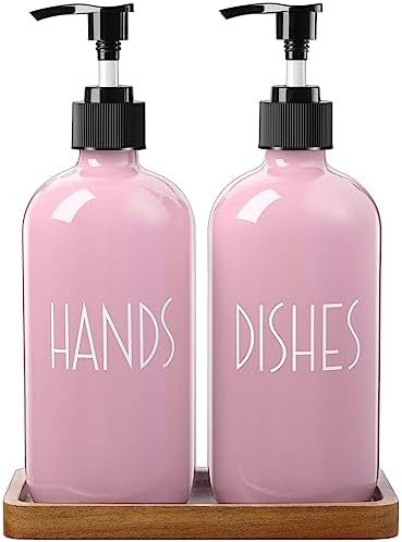 ALELION Dish Soap Dispenser for Kitchen - 16 OZ Glass Hand Soap Dispenser Set with Acacia Wood Tray - Pink Kitchen Bathroom Decor and Accessories