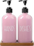 ALELION Dish Soap Dispenser for Kitchen - 16 OZ Glass Hand Soap Dispenser Set with Acacia Wood Tray - Pink Kitchen Bathroom Decor and Accessories