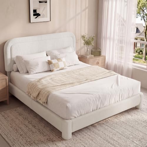 Vipbear Boucle Full Bed Frame with Adjustable Headboard, Upholstered Platform Bed Frame with Wood Slats, Noise-Free Cloud Queen Bed, No Box Spring Required, Easy Assembly, Cream