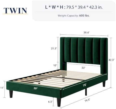 Allewie Twin Bed Frame/Velvet Upholstered Bed Frame with Vertical Channel Tufted Headboard/Strong Wooden Slats/Platform Bed Frame/Mattress Foundation/Box Spring Optional/Easy Assembly/Green