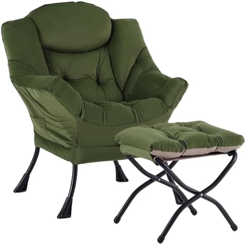 Welnow Lazy Chair with Ottoman, Reading Chair with Footrest, Army Green