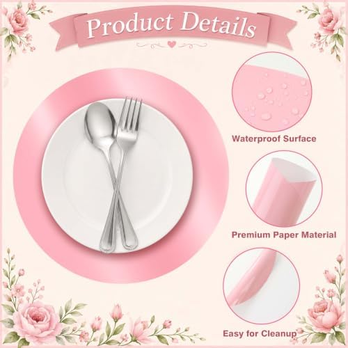 KesaPlan 100PCS 13in Round Pink Placemats, Disposable Paper Chargers Plate
