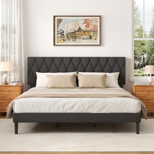 CXVX King Size Bed Frame with Diamond Tufted Headboard, Linen Upholstered Platform Bed and Wooden Slat Support, Noise-Free, No Box Spring Needed, Easy Assembly, Dark Grey