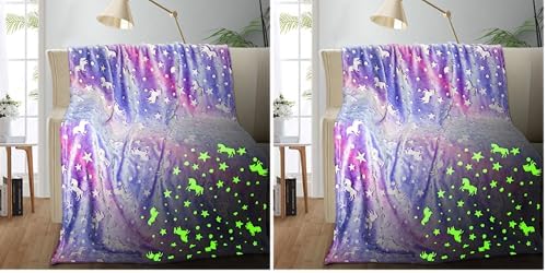 TEHALK Unicorn Glow in The Dark Blanket, Unicorn Blanket for Girls/Kids, Unicorns Gifts for Girls Age 3-12, Toddler Blanket for Kids, Soft Fleece Blanket Throw Birthday Gift 40"x60" (Pack of 2)