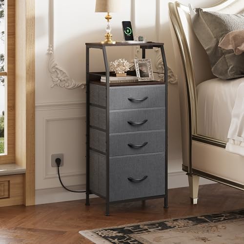 WLIVE Nightstand with Charging Station, Night Stand with LED Light, Tall 4 Drawer Dresser for Bedroom, 37" H Bedside Table with Fabric Storage Bins, Open Wood Shelf, Metal Frame, Dark Grey