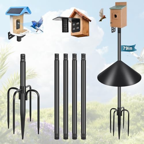 Gtongoko Smart Bird Feeder Pole Squirrel Proof 1-Inch Dia 79 Inch Bluebird House Pole for Outdoors Squirrel Baffles for Feeders Weather Station Heavy Duty Metal Mounting Kit Black