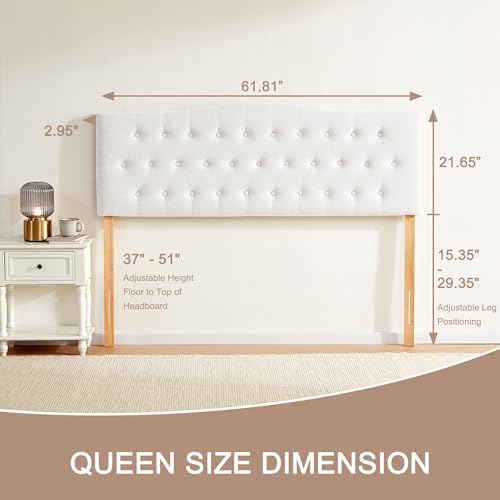 Tufted Headboard Queen Size, Solid Wood Adjustable Height Head Board, White