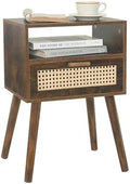 MaxSmeo Mid Century Nightstand, Rattan Side Table with Drawer, Wood Modern Bedside Table for Bedroom, Living Room and Small Spaces (Rustic Brown)