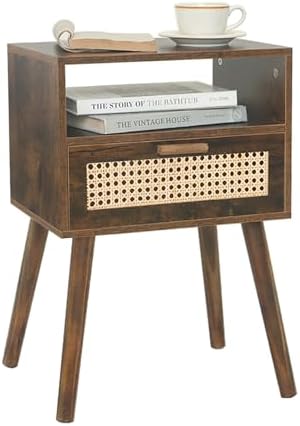 MaxSmeo Mid Century Nightstand, Rattan Side Table with Drawer, Wood Modern Bedside Table for Bedroom, Living Room and Small Spaces (Rustic Brown)