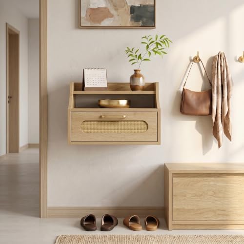 Afuly Floating Nightstand with Drawer Oak Rattan Bedside Table Wall Mounted