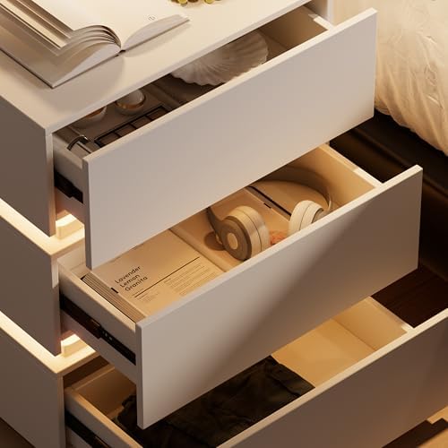 homary 3-Drawer LED Smart Nightstand with Wireless Charging, USB & Type-C Ports – Modern White Bedside Table with Storage and Adjustable Light, Bedroom Night Stand with Glossy Stainless Steel Base