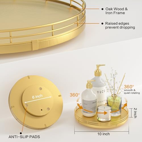 Oroyutor 10-Inch Oak Lazy Susan Vanity Tray with Gold Metal Rail