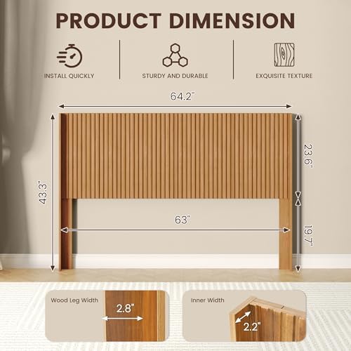 COCO DESIGN Queen Size Fluted Headboard Only, 64" Antique Oak Wall Mount