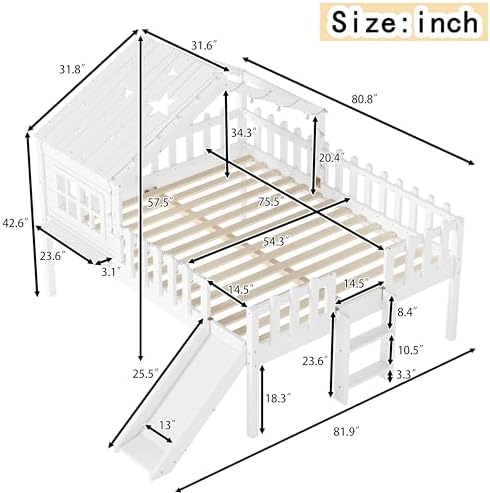Full Loft Bed with Slide and Ladders, Solid Wood Low Loft Bed with Little Tray, Lights, Playhouse Roof, House Loftbed Frame for Kids, Boys, Girls, Childlike and No Box Spring Needed Design, White