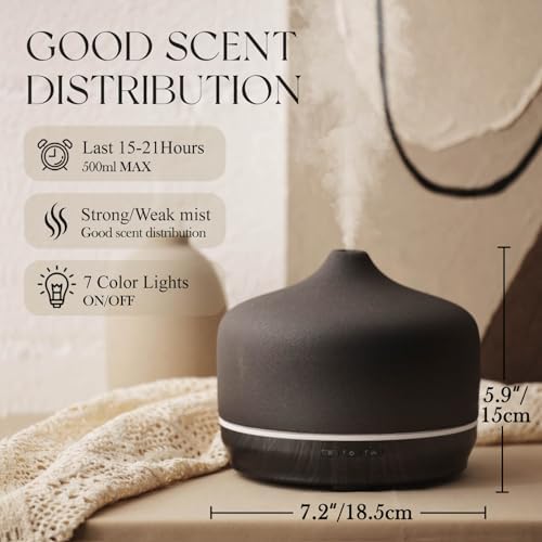 Porseme 500ml Glass Essential Oil Diffuser Aromatherapy Ultrasonic Cool Mist Humidifier 15-21 Running Hours Waterless Auto-Off Air Diffusers for Sleeping Yoga Working Spa(Black Ceramic)