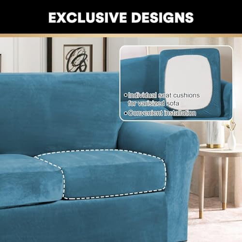 PrinceDeco Velvet Couch Covers for Sofa Soft 4 Pieces Couch Covers for 3 Cushion Couch Sofa Pet Friendly Furniture Protector with Non Slip Elastic Bottom Width Up to 97 Inch (Large Sofas, Blue)