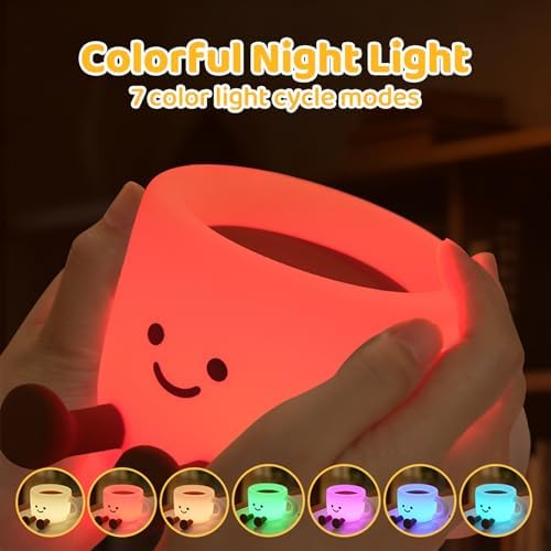 Coffee Cup Night Light, 3 Level Dimmable 30 Timer 7 Colors Nightlight Cute Lamps Silicone Squishy Light USB Rechargeable Bedside Touch Lamp for Baby Desk Dorm Decor Birthday Gift