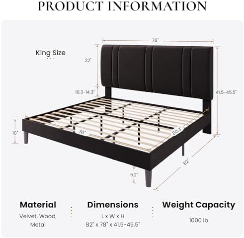 SHA CERLIN King Size Velvet Bed Frame with Adjustable Headboard, Black