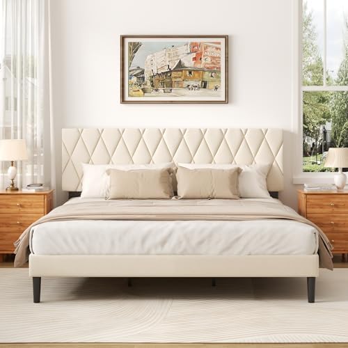 CXVX King Size Bed Frame with Diamond Tufted Headboard, Velvet Upholstered Platform Bed and Wooden Slat Support, Noise-Free, No Box Spring Needed, Easy Assembly, Beige