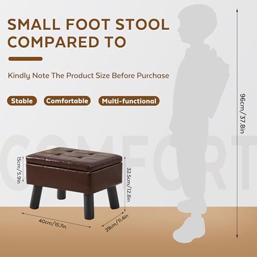Storage Ottoman, Small Foot Stool Ottoman with Storage, Faux Leather Foot Rest with Wood Legs, Footstool for Living Room, Bedroom, Entryway, Brown