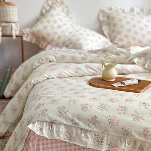 mixinni Pink Floral Duvet Cover Set Full Size - 100% Cotton Ruffle Lace Bedding Set for Girls, Romantic Cottagecore Style Duvet Cover with Zipper Closure, Soft Aesthetic Princess Bedding-Full