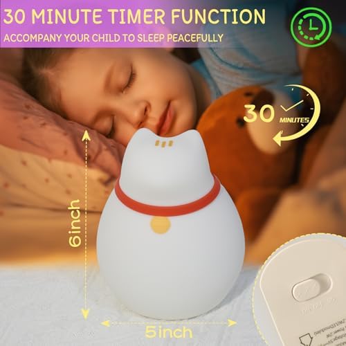 7-Color Changing Cat Night Light, Silicone Rechargeable Nursery Light with Timer & 3 Modes, Kids Bedroom Lamp Touch Sensor (Cute Animal Design)