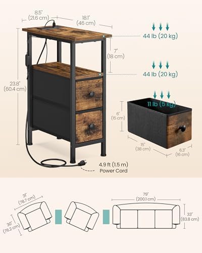 SONGMICS Side Table with LED Light, Narrow End Table with 2 Fabric Drawers