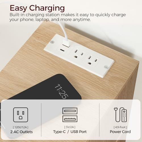 MAHANCRIS Narrow Nightstand, Narrow End Table with Charging Station