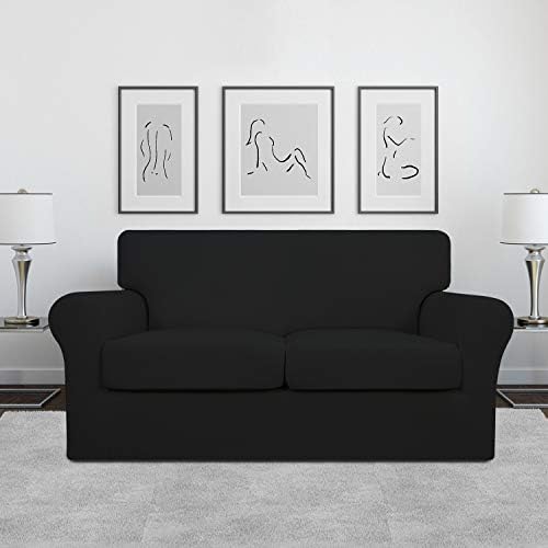 Easy-Going 3 Pieces Stretch Soft Couch Cover for Dogs - Washable Sofa Slipcover for 2 Separate Cushion Couch - Elastic Furniture Protector for Pets, Kids (Loveseat, Black, Medium)
