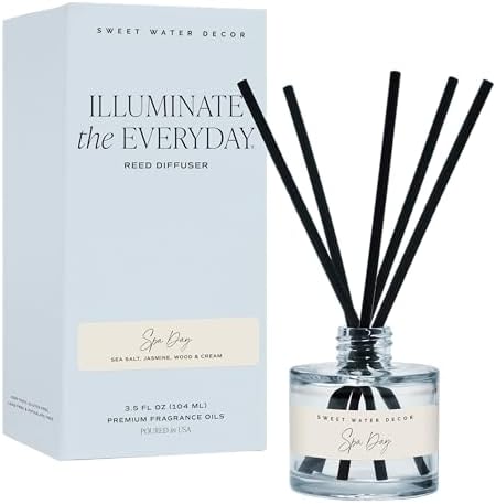 Sweet Water Decor Spa Day Blue Tinted Reed Diffuser Set, Sea Salt, Jasmine, Wood and Cream Scented Diffuser for Home, Relaxing Spa Scent, Long Lasting Fragrance, Made in the USA