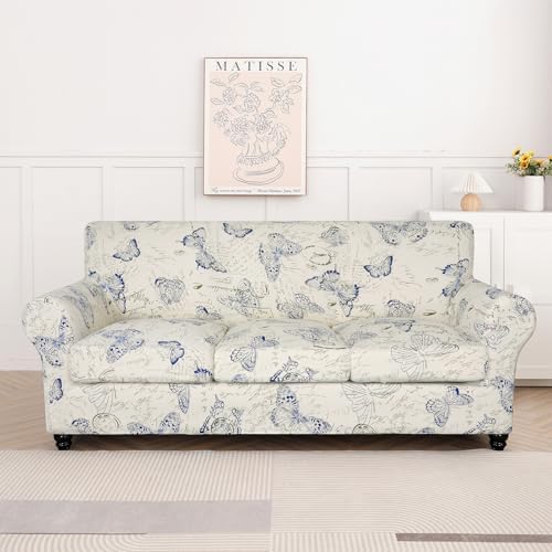 SearchI Stretch Sofa Cover Printed Couch Cover, Floral Pattern 4 Pieces Sofa Slipcover with 3 Separate Cushion Cover, Washable Furniture Protector for Living Room(Sofa, Butterfly Pattern)
