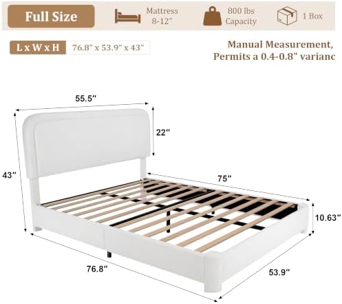 Vipbear Boucle Full Size Bed Frame with Adjustable Headboard, Upholstered Cloud Platform Bed Frame with Wood Slats, Noise-Free Full Bed, No Box Spring Required, Easy Assembly, White