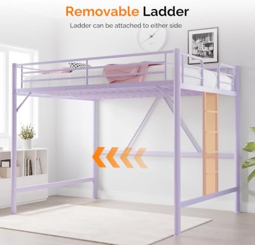 VINGLI Queen Loft Bed with Flat Rungs for Adults, Kids and Young Teens, No Box Spring Required,Heavy Duty Metal Slat Support, Purple