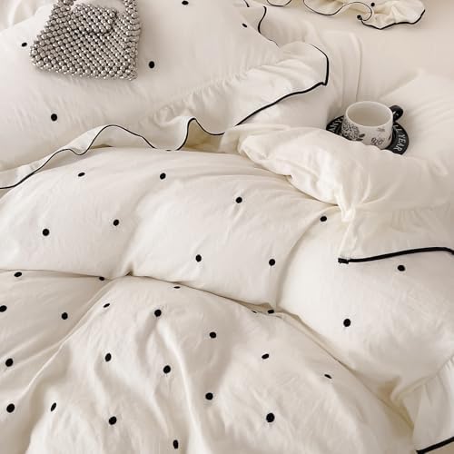 Polka Dot Duvet Cover King Bedding Set, Soft Comfy Microfiber 3 Pieces Princess Style Comforter Cover with 2 Pillowcases, Romantic Ruffle Duvet Cover with Zipper Closure Chic Polka Dot Bedding Set
