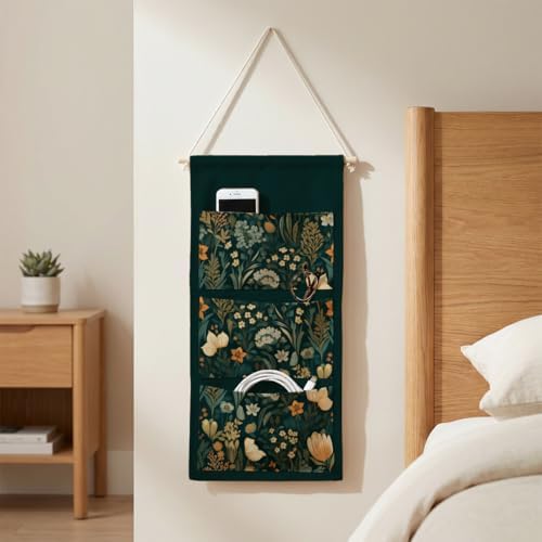 IAXIC Canvas Wall Hanging Organizer with Pockets Fish Extender Hanging Pouch Dark Floral Door Closet Organizers Fabric Storage Pockets Wall Decoration