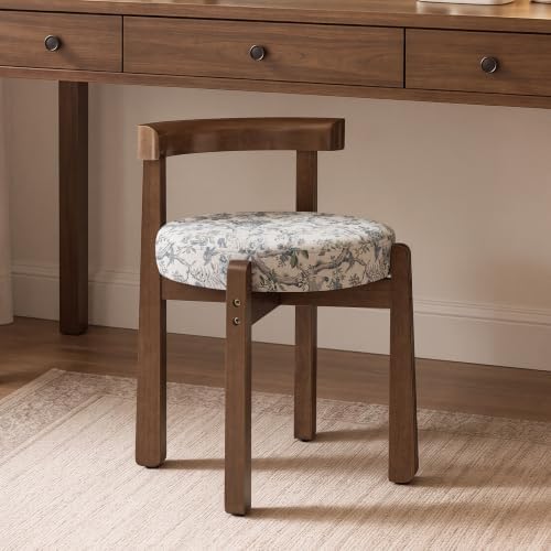 LUE BONA Wood Vanity Chair Stool with Back, Mid-Century Makeup Bench, Blue
