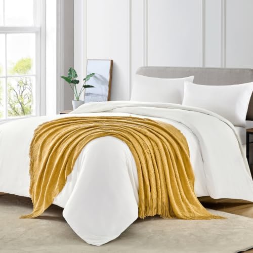 BOURINA Mustard Throw Blanket 50x60 Inches Throw Textured Solid Soft Ripple Throws and Blankets for Sofa or Bed Knitted Decorative Throw