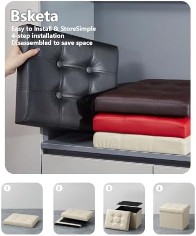 Bsketa Storage Ottoman Bench,17 Inch Folding Leather Foot Rest Stool,Beige
