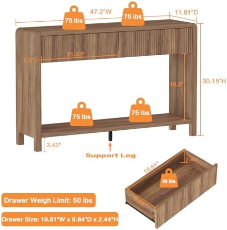 FATORRI Console Sofa Table for Entryway, 47.2 Inch Wood Foyer Tables for Living Room, Farmhouse Couch Table behinde Sofa with 2 Drawers for Hallway Storage, Walnut