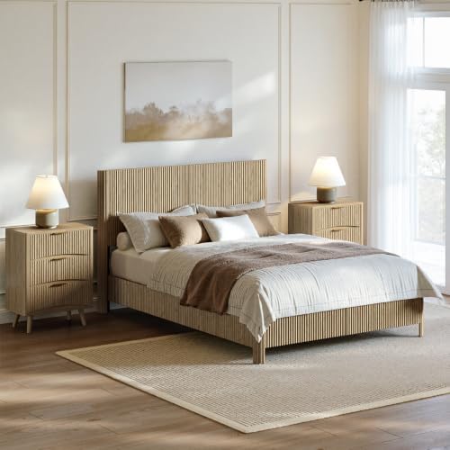 Evermagin Queen Bedroom Set, Platform Bed Frame & 3-Drawer Nightstands, Oak