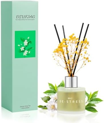 Jasmine White Tea Scent Diffuser, 1.7 oz Reed Diffuser with Dried Flower