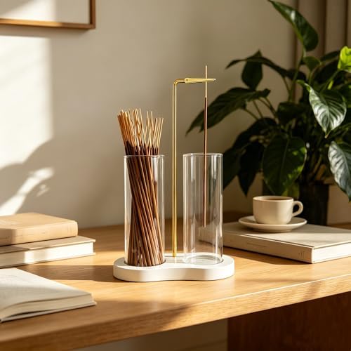 Glass Incense Holder,White Nordic Minimalist Incense Sticks Burner Holder with Storage,Luxe Hang Upside Down Incense Holder for Sticks with Ash Catcher for Meditation Yoga Room (White)