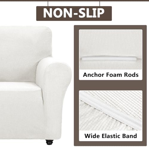 3 Piece Stretch Matching Chair and Ottoman Slipcover Set, Jacquard Arm Chair/Ottoman/Fitted Seat Covers, Non-Slip Accent Armchair and Foot Stool Slip Cover (Ivory,3 Pieces Set)