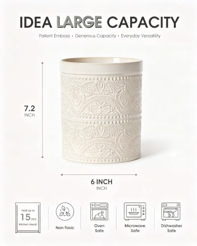 FUN ELEMENTS Kitchen Utensil Holder, 7.2" Super Large Utensil Crock Heavy and Stable Lace Emboss Ceramic Utensil Holder for Kitchen Counter (Lace Emboss)