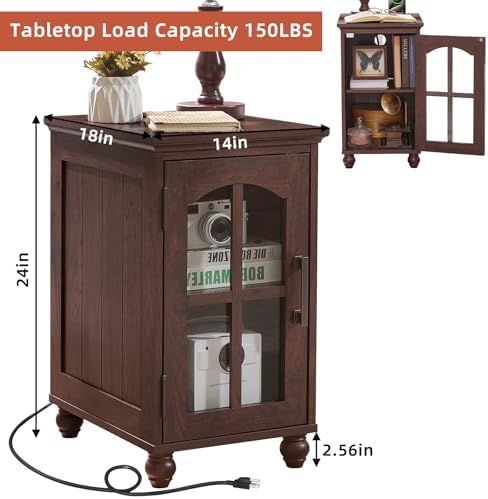 Narrow Side Table Set of 2, Farmhouse Nightstand with Charging Station
